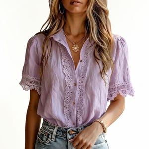 Bohemian-Style Lace-Trimmed Button-Down Shirt — Soft-Toned Summer Top — Women's Bohemian Vacation Shirt