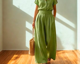 Handmade Linen Two Piece Set - Short Sleeve Shirt Collar Top and Wide Leg Pants - Loose Summer Casual Outfit for Women