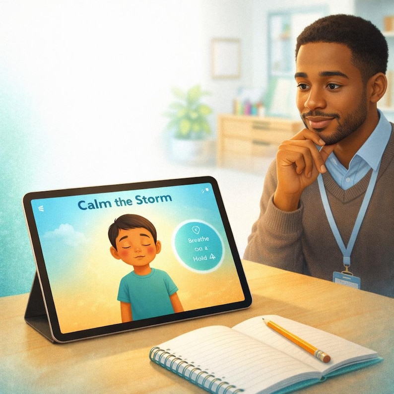May include: A tablet displays the text "Calm the Storm" above a cartoon child meditating. A man in a blue shirt and lanyard looks at the tablet. A notebook and pencil are on the table. The scene is set in a well-lit office.