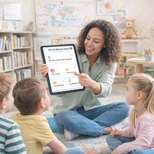 May include: A woman shows a tablet screen with "The Worry Shrinker Program" to children. The tablet displays options such as "I am Angry" and "I am Frustrated". The children are seated on a rug in a classroom, with bookshelves in the background.