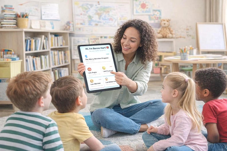 May include: A woman shows a tablet screen with "The Worry Shrinker Program" to children. The tablet displays options such as "I am Angry" and "I am Frustrated". The children are seated on a rug in a classroom, with bookshelves in the background.