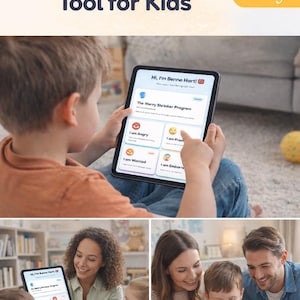 May include: A tablet displaying an interactive emotion tool for children, with options such as "I am Angry" and "I am Frustrated." The Etsy logo is visible. The image shows children and adults using the tablet together, promoting emotional learning.