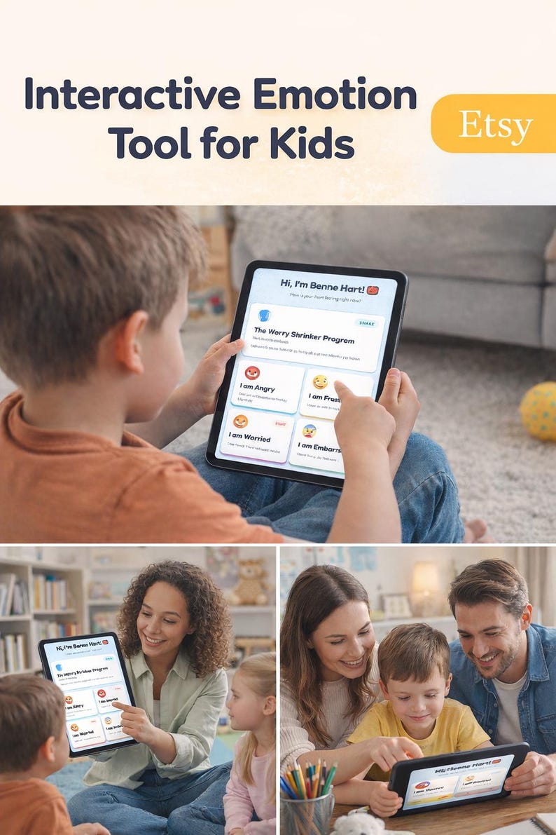 May include: A tablet displaying an interactive emotion tool for children, with options such as "I am Angry" and "I am Frustrated." The Etsy logo is visible. The image shows children and adults using the tablet together, promoting emotional learning.