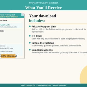 May include: A digital download graphic with the text "What You'll Receive." The download includes a private program link, QR code, simple instructions, and immediate access. The image has a teal and yellow color scheme.