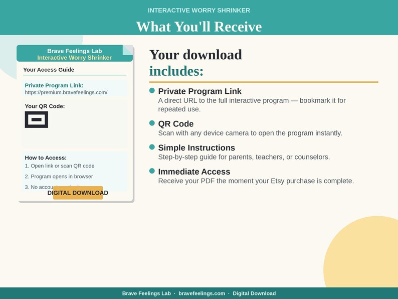 May include: A digital download graphic with the text "What You'll Receive." The download includes a private program link, QR code, simple instructions, and immediate access. The image has a teal and yellow color scheme.