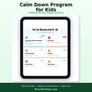 Peut inclure: Une tablette numérique affiche le "Programme de Calme pour Enfants". L'écran montre une activité numérique SEL interactive avec des options pour différentes émotions. Le texte comprend "Hi, I'm Benne Hart!" et "BraveFeelings.com".