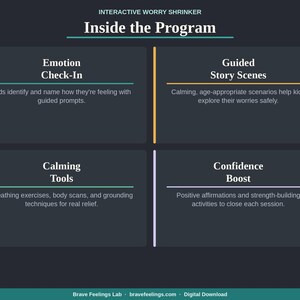 May include: A dark teal graphic with the text "Inside the Program" and four sections: Emotion Check-In, Guided Story Scenes, Calming Tools, and Confidence Boost. Each section has a brief description of the program's features.