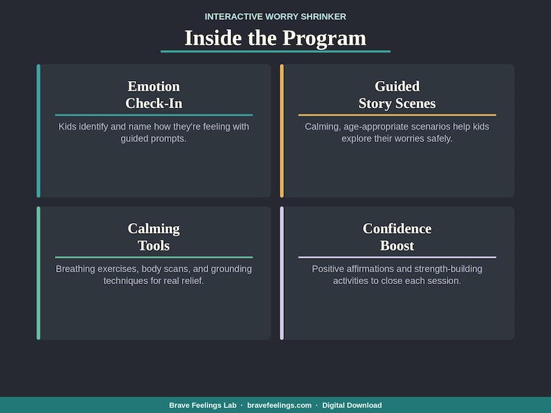 May include: A dark teal graphic with the text "Inside the Program" and four sections: Emotion Check-In, Guided Story Scenes, Calming Tools, and Confidence Boost. Each section has a brief description of the program's features.