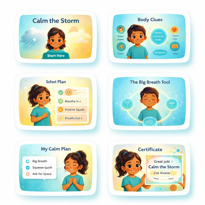 May include: Six illustrated cards with children and text, including "Calm the Storm" and "Body Clues." Each card has a different illustration and text, designed to help children with emotional regulation and understanding their feelings.