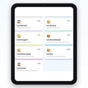 May include: A tablet screen shows cards detailing emotions like "Worried," "Arrogant," and "Embarrassed," each with an emoji and a short explanation. A "Start" button is on each card. The tablet is white with a black frame, designed for emotional well-being.