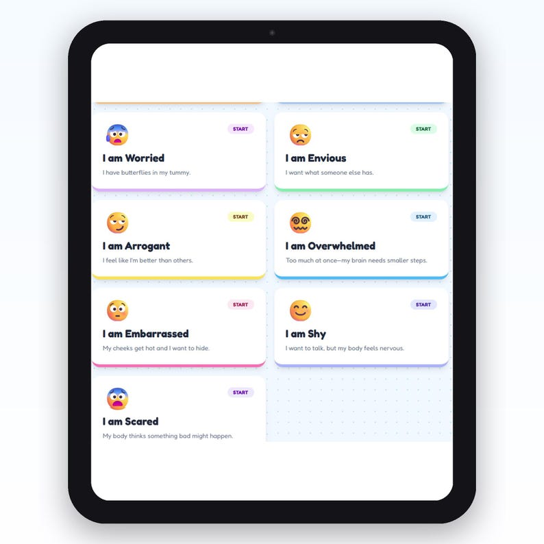 May include: A tablet screen shows cards detailing emotions like "Worried," "Arrogant," and "Embarrassed," each with an emoji and a short explanation. A "Start" button is on each card. The tablet is white with a black frame, designed for emotional well-being.
