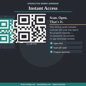 May include: A digital graphic with the text "Instant Access" and "Scan. Open. That's It." A smartphone displays a QR code, and a larger QR code is featured. The text explains how to open a program instantly with a QR code.