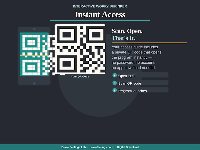 May include: A digital graphic with the text "Instant Access" and "Scan. Open. That's It." A smartphone displays a QR code, and a larger QR code is featured. The text explains how to open a program instantly with a QR code.