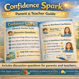 以下が含まれることがあります： 「Confidence Spark Parent & Teacher Guide」というタイトルの開いた本。自信を強化するためのディスカッションの質問とヒントが記載されています。画像には、鉛筆立て、植物、そして「保護者と教師向けのディスカッションの質問が含まれています」というテキストが含まれています。