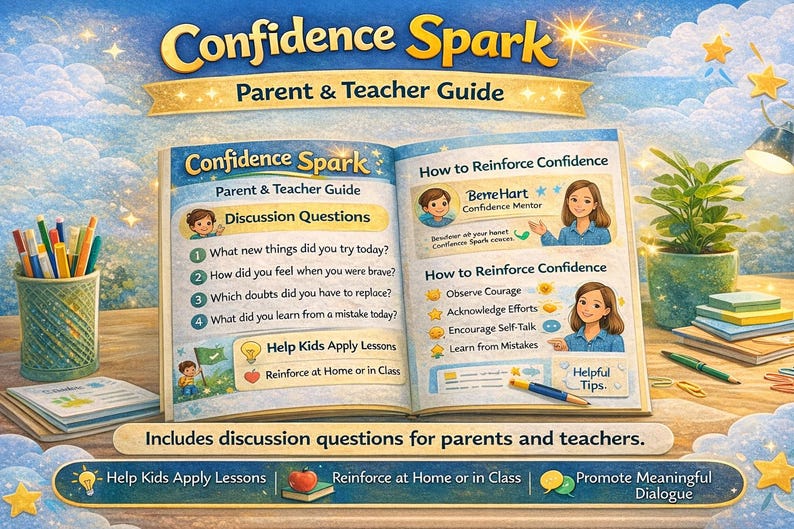 以下が含まれることがあります： 「Confidence Spark Parent & Teacher Guide」というタイトルの開いた本。自信を強化するためのディスカッションの質問とヒントが記載されています。画像には、鉛筆立て、植物、そして「保護者と教師向けのディスカッションの質問が含まれています」というテキストが含まれています。