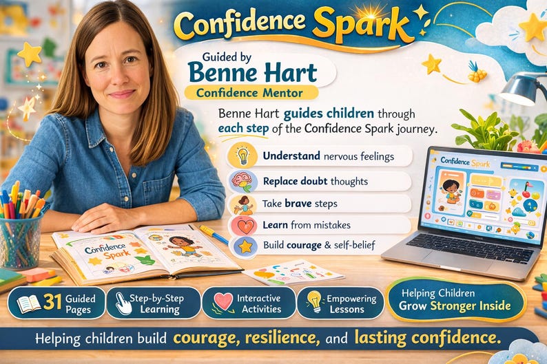 以下が含まれることがあります： 「Confidence Spark」の教育用グラフィック。Benne Hartが指導。女性、開いた本、ラップトップ、子供たちの自信を築くためのステップを示すアイコンが描かれています。本には31ページのガイドがあります。