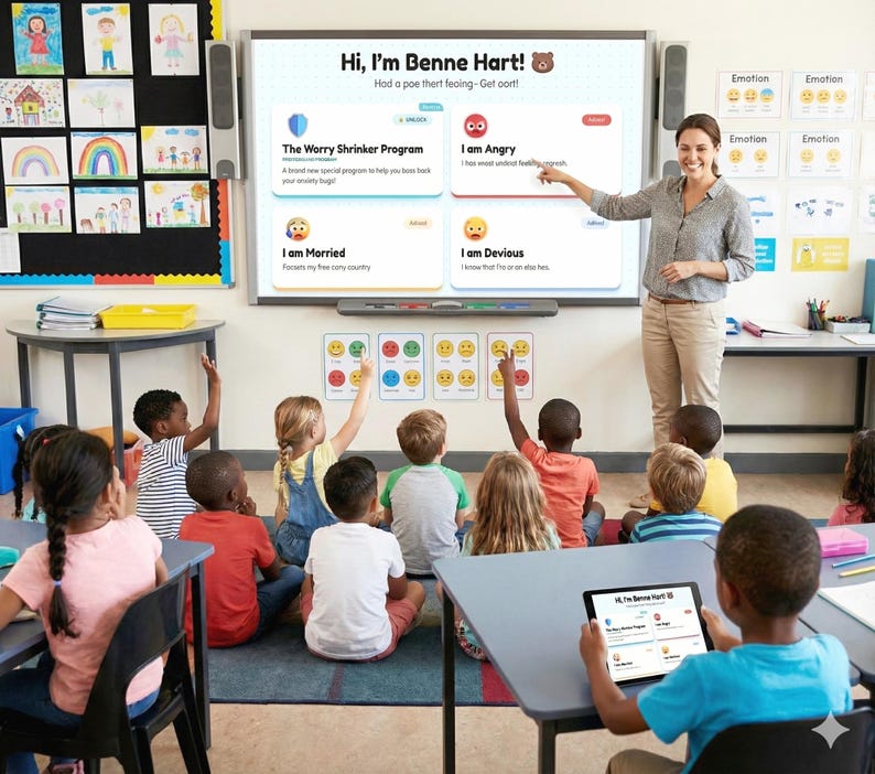 May include: A classroom setting with a teacher indicating a digital whiteboard showing the text "Hi, I'm Benne Hart!" and different emotional states. Children are seated on the floor, some with their hands raised. Colourful drawings and emotion charts are visible.