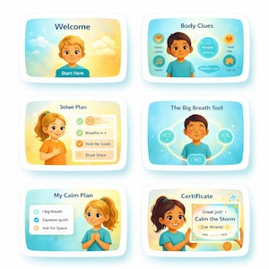 May include: Six illustrated cards with children and text, including "Welcome" and "Certificate." Each card features a different child and theme, with soft colours and a friendly design. The cards are designed to be educational.