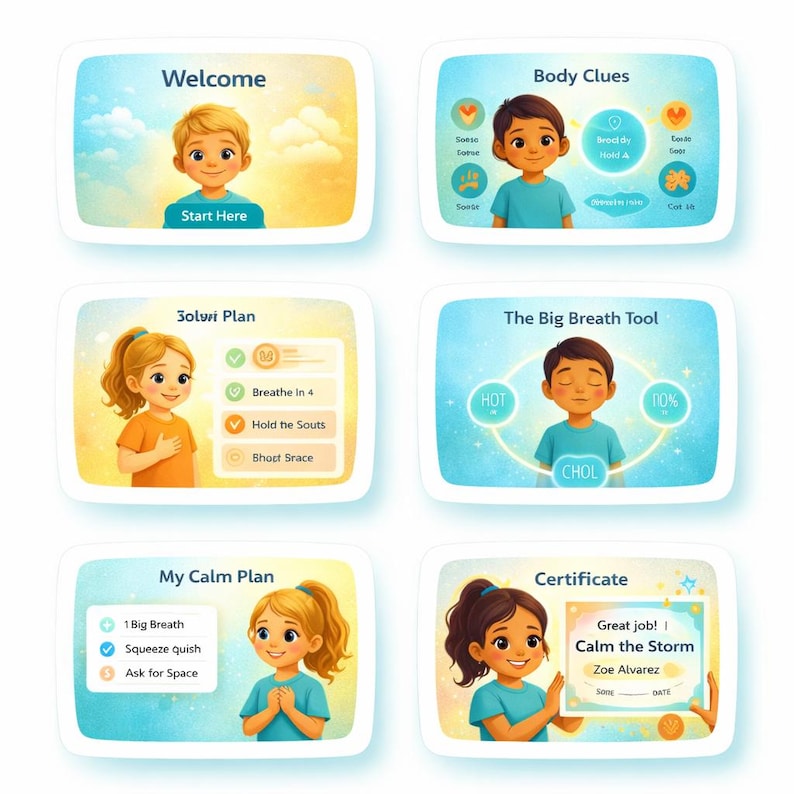 May include: Six illustrated cards with children and text, including "Welcome" and "Certificate." Each card features a different child and theme, with soft colours and a friendly design. The cards are designed to be educational.