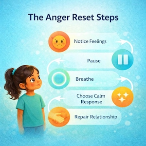 May include: An illustrated guide titled "The Anger Reset Steps" with a young girl looking at the steps. The steps include: Notice Feelings, Pause, Breathe, Choose Calm Response, and Repair Relationship. Each step is represented by a colourful icon.