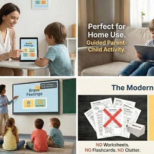 May include: Image showing the "Brave Feelings" digital learning tool in different scenarios: counselling, home use, and classroom settings. The tool is displayed on tablets and a TV screen, with text highlighting its engaging and interactive features.