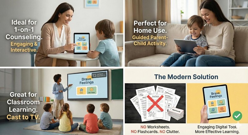 May include: Image showing the "Brave Feelings" digital learning tool in different scenarios: counselling, home use, and classroom settings. The tool is displayed on tablets and a TV screen, with text highlighting its engaging and interactive features.