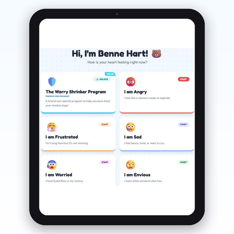 May include: A tablet screen shows a mental health app interface. The app, titled "Hi, I'm Benne Hart!", offers options to select and describe feelings like anger, frustration, and worry. The app includes a program called "The Worry Shrinker Program".