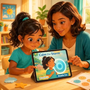 May include: A child and an adult are looking at a tablet displaying "Calm the Storm" and a breathing exercise illustration. The words "Breathe In" and "Breathe Out" are shown. They are seated at a wooden table. The scene is set in a room with a painting and plants.
