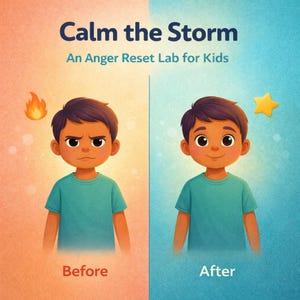 May include: Illustration depicting a child before and after calming down, with the text "Calm the Storm: An Anger Reset Lab for Kids." The "Before" image shows an angry child with a flame, and the "After" image shows a happy child with a star.