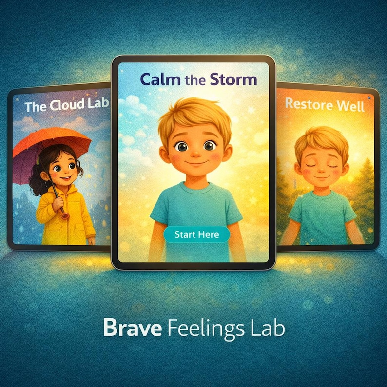 May include: Three digital tablets showing illustrations. The central tablet reads "Calm the Storm" with a cartoon boy. The left tablet says "The Cloud Lab" with a girl under an umbrella. The right tablet says "Restore Well". The text "Brave Feelings Lab" is at the bottom.