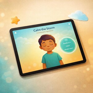 May include: A tablet screen shows the text "Calm the Storm" and "Inmotional regulation" above an illustration of a boy with closed eyes. A circular graphic instructs to "Breathe In 4, Hold 2, Breathe Out 4." A yellow star and a blue cloud are in the background.