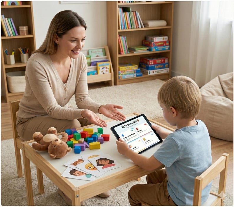 May include: A woman and a child sit at a small wooden table. The child holds a tablet with text. The table has colourful wooden blocks, flashcards, and a teddy bear. Bookshelves are visible in the background.