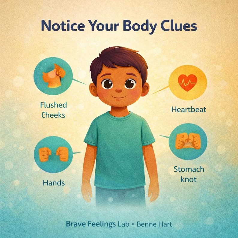 May include: A colourful illustration with the text "Notice Your Body Clues" shows a cartoon child and four circular images. The circles illustrate flushed cheeks, heartbeat, hands, and stomach knot. The text "Brave Feelings Lab &bull; Benne Hart" is at the bottom.