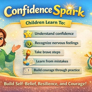 以下が含まれることがあります： 「Confidence Spark」と「Children Learn To:」のテキストが入ったイラスト。漫画の女性、星、不安そうな顔、たいまつ、ターゲットが描かれています。「Understand confidence」と「Build Self-Belief, Resilience, and Courage!」のテキストが含まれています。