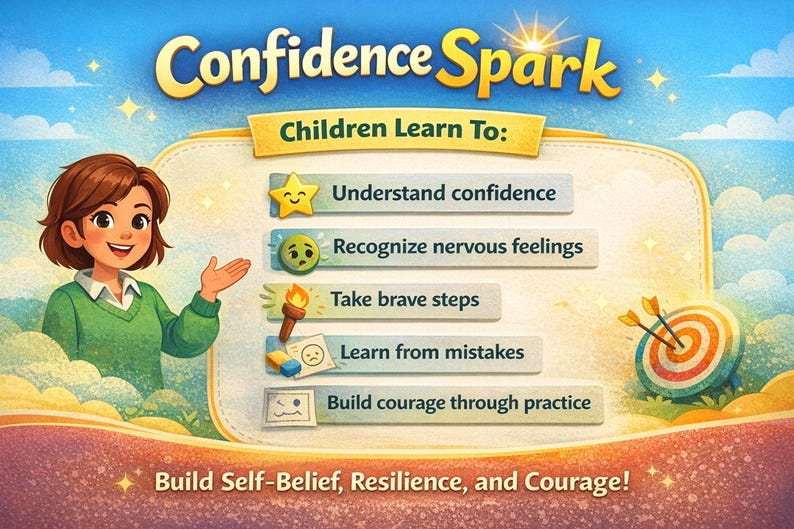 以下が含まれることがあります： 「Confidence Spark」と「Children Learn To:」のテキストが入ったイラスト。漫画の女性、星、不安そうな顔、たいまつ、ターゲットが描かれています。「Understand confidence」と「Build Self-Belief, Resilience, and Courage!」のテキストが含まれています。