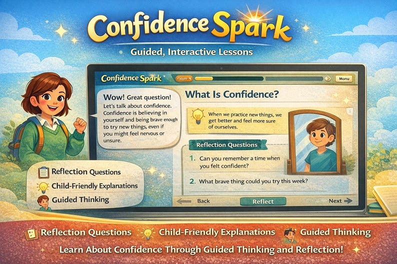 以下が含まれることがあります： 「Confidence Spark」のイラスト広告。ガイド付きインタラクティブレッスンを提供するプログラムです。自信についての内容が表示されたラップトップの画面、漫画の女の子、そして「Wow! Great question!」と「What is Confidence?」というテキストが特徴です。