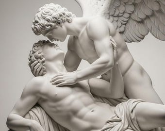 May include: A white marble sculpture depicting two figures in an embrace. One figure, with large wings, leans over the other, who reclines with a draped cloth. The sculpture is detailed and classical in style.
