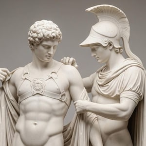 Due guerrieri maschi che si spogliano, scultura neoclassica in marmo, stampa artistica, gay, LGBT Pride Art