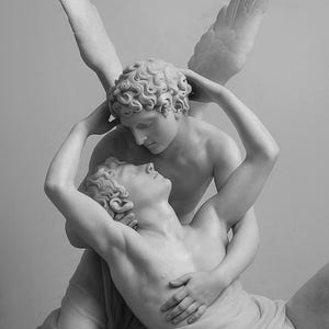 Puede incluir: Una escultura de mármol blanco que representa a dos figuras en un abrazo. Una figura tiene grandes alas emplumadas y extiende la mano hacia la cabeza de la otra, que está reclinada sobre una base rocosa. Ambas tienen cabello rizado.