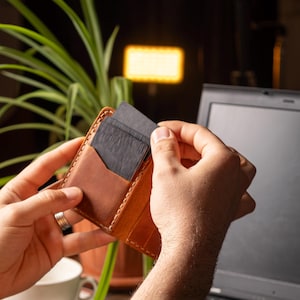 May include: A brown leather cardholder with a lighter brown pocket is held open, revealing several dark gray cards. The cardholder is stitched with a light-colored thread. The background includes a laptop, a cup, and a plant.