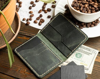 Handmade Leather Bifold Wallet, Minimalist Front Pocket Wallet, Personalized Leather Wallet, Leather Cardholder Wallet, Small ID Card Wallet
