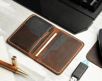 Personalized Leather Card Holder, Minimalist Leather Wallet, Distressed Leather Man Wallet, Custom Leather Bifold Wallet, Fathers Day Gift