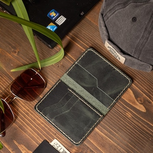May include: Open, dark green leather wallet with white stitching, next to a black credit card and a twenty-dollar bill. A pair of sunglasses and a gray cap are also visible.