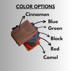 May include: A collection of leather wallets in various colors, including cinnamon, blue, green, black, red, and camel. The text "COLOR OPTIONS" is displayed at the top of the image, with arrows pointing to each wallet color.