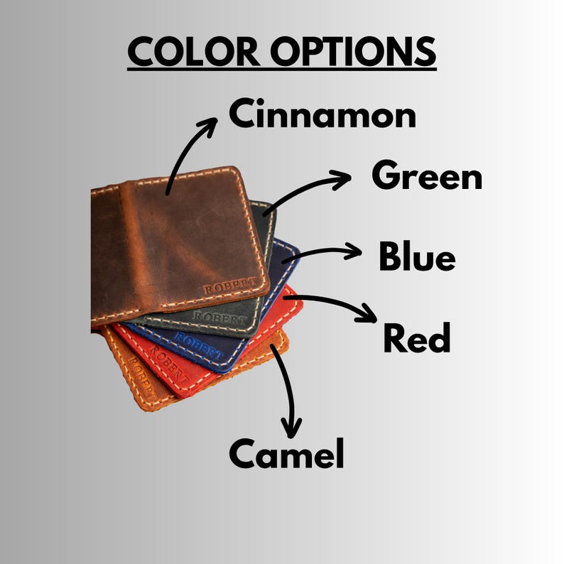 May include: Image shows a stack of leather wallets in various colors: cinnamon, green, blue, red, and camel. Each wallet is square with white stitching and the name "ROBERT" embossed. The text "COLOR OPTIONS" is at the top.