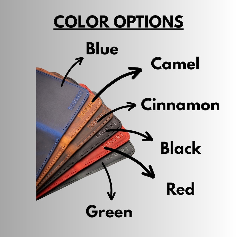 May include: A display of leather goods in various colors: blue, camel, cinnamon, black, red, and green. Each item is labeled with the name "ROBERT". The text "COLOR OPTIONS" is at the top, with arrows pointing to each color.