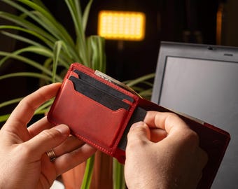 Custom Handmade Red Leather Wallet, Personalize with Initials for Men, Personalized Gift for Him, Minimalist Card Holder, Credit Card Holder
