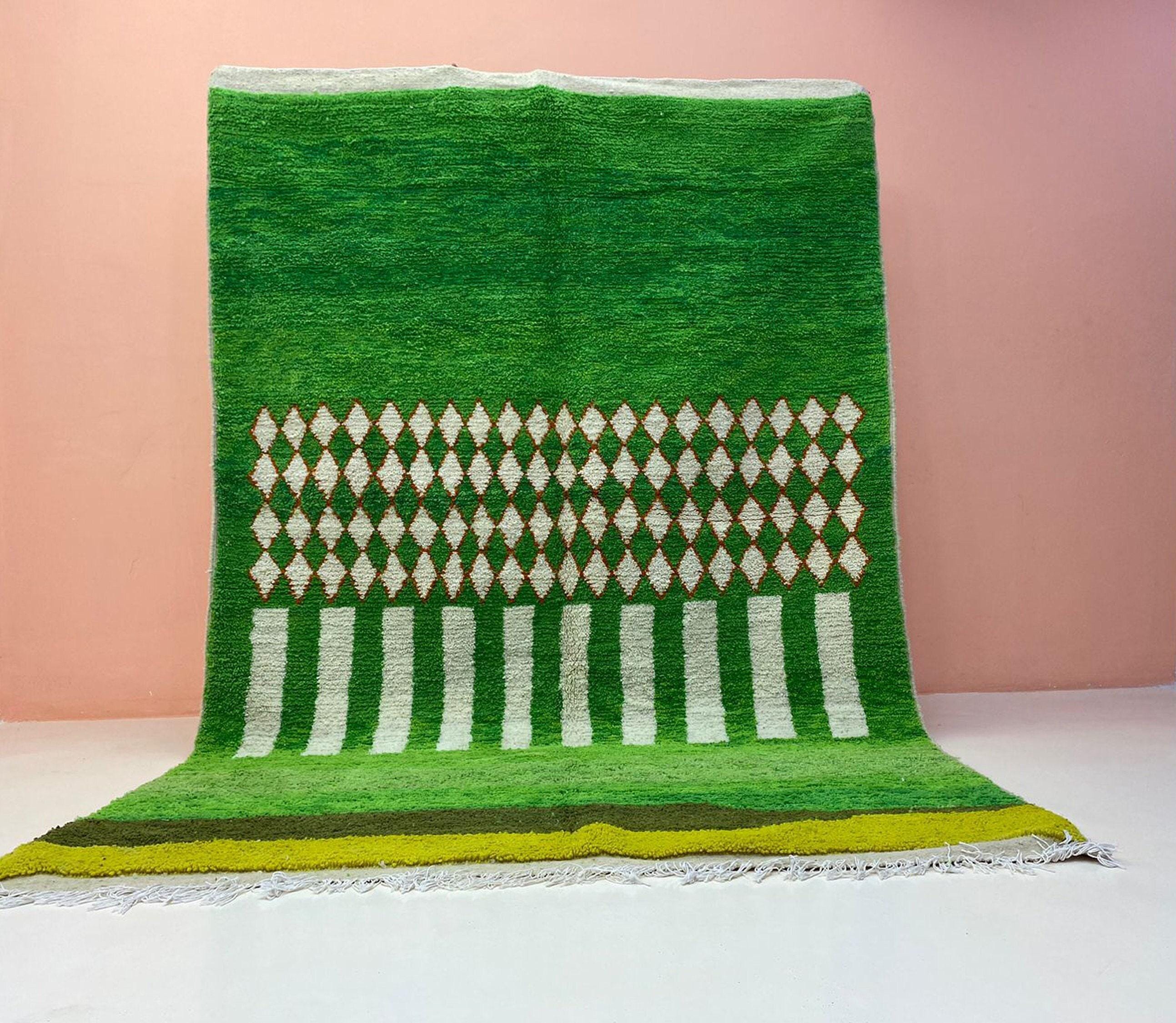 手織りモロッコウールラグ - グリーンブージャード、洗える5x7 - Etsy 日本