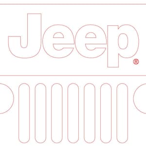 May include: Red outline of the word "Jeep" above a stylized front grill design, with the registered trademark symbol. The design is on a white background, evoking the iconic brand's logo.