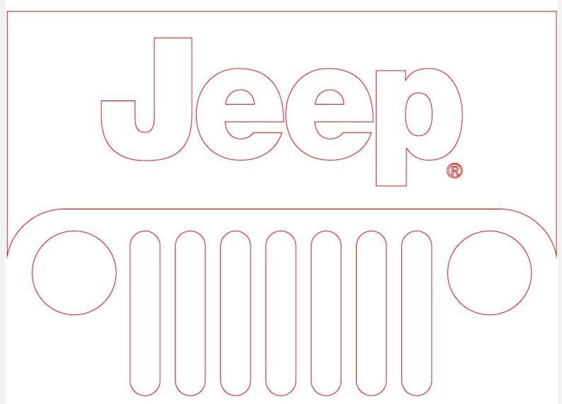 May include: Red outline of the word "Jeep" above a stylized front grill design, with the registered trademark symbol. The design is on a white background, evoking the iconic brand's logo.